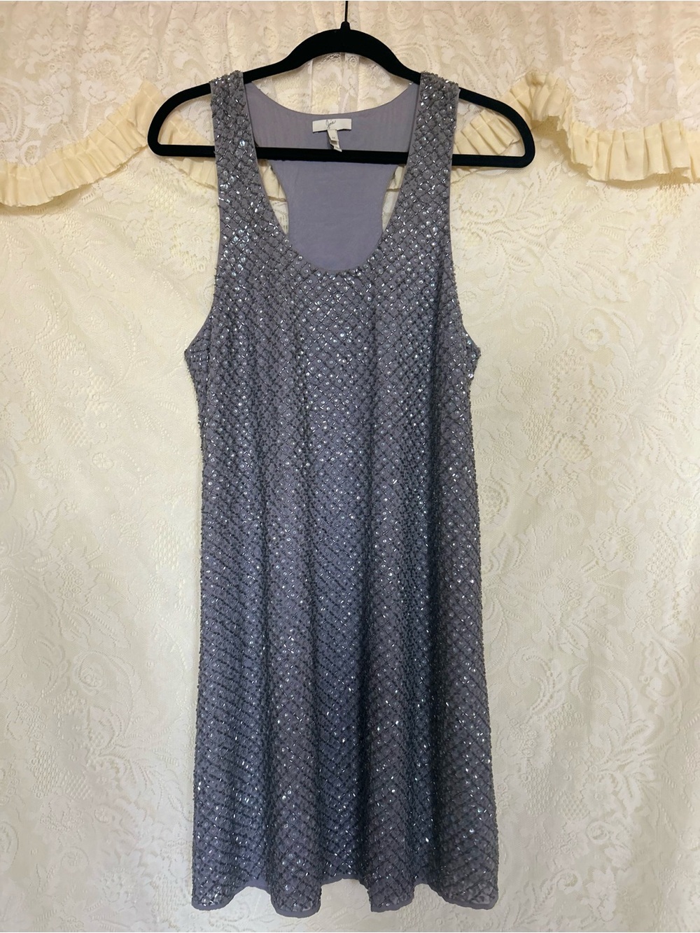 Joie silk glass beaded Silver Sequin Midi Dress M